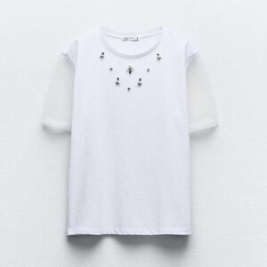 ZARA Sheer Organza Embellished Tee - 100% cotton - Size XL - New ✨